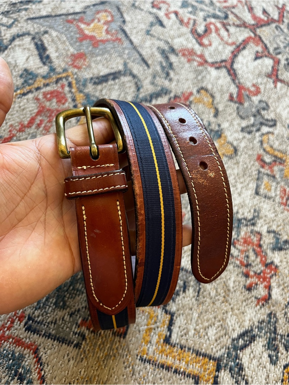 Tommy Hilfiger Brown Leather Belt with Navy & Yellow Stripe Size 42